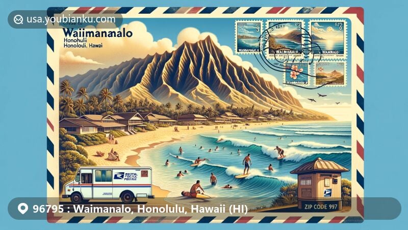 Modern illustration of Waimanalo, Honolulu County, Hawaii, showcasing postal theme with ZIP code 96795, featuring Waimanalo Beach and local sea-related activities.