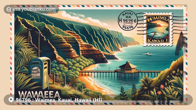 Modern illustration of Waimea Canyon, Kauai, Hawaii, featuring Waimea State Recreation Pier in a postal stamp design, symbolizing leisure and entertainment in Waimea. The scene is cleverly integrated on a vintage airmail envelope with 'Waimea, Kauai, HI 96796' stamp, postmark, and traditional mailbox outline, evoking the feeling of receiving a beautiful exotic postcard from Hawaii, blending natural wonder with postal nostalgia.