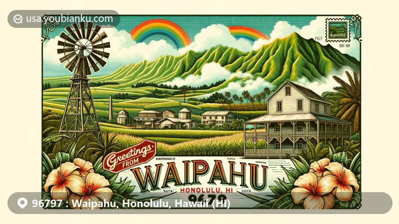 Vintage postcard-style illustration of Waipahu, Honolulu, Hawaii (HI), combining historical and cultural elements with lush landscapes, including a sugar mill, sugarcane fields, Hawaii's scenery, and a traditional lei border.