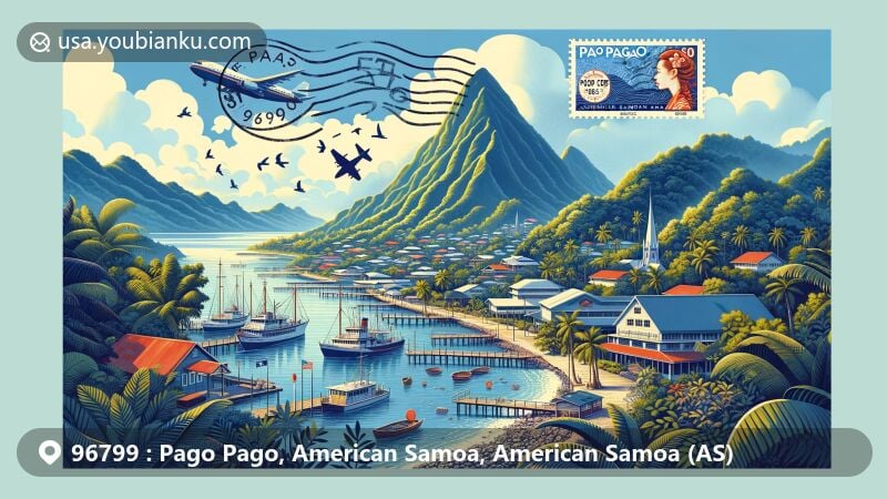 Modern illustration of Pago Pago, American Samoa, showcasing natural beauty, cultural richness, and postal significance with ZIP code 96799, featuring Pago Pago Harbor, Rainmaker Mountain, kingfisher birds, Samoan fruit bats, and postal elements.