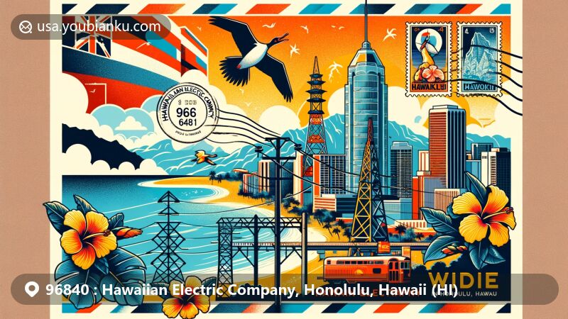 Modern illustration of the Hawaiian Electric Company in Honolulu, Hawaii, showcasing iconic landmarks like the Aloha Tower and Waikiki Beach, featuring the state flag, Yellow Hibiscus flower, and Nene Goose. Postal elements like vintage postcards and air mail envelopes with ZIP code 96840 are creatively integrated.