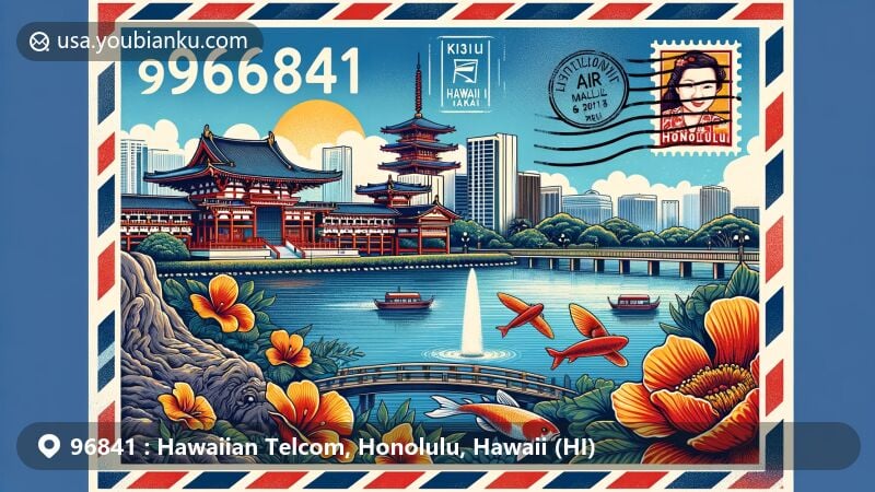 Modern illustration of the ZIP Code 96841 area in Honolulu, Hawaii, featuring Byodo-In Temple, Pearl Harbor National Memorial, Aloha Tower, and Iolani Palace, with vintage stamp, postal mark, and air mail envelope border.