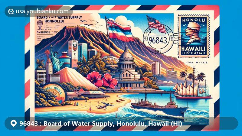 Modern illustration of Board of Water Supply, Honolulu, Hawaii, showcasing ZIP code 96843 with a colorful airmail envelope featuring Waikiki Beach, Diamond Head crater, USS Arizona Memorial, and Hawaii state flag.