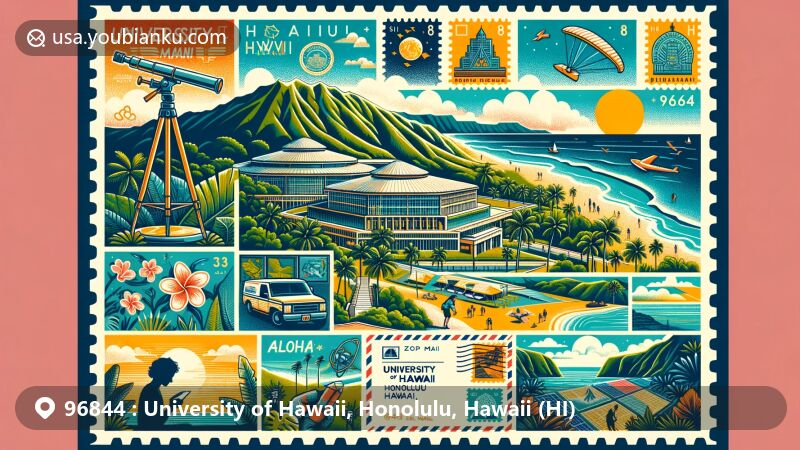 Illustration of the University of Hawaii at Manoa in Honolulu, featuring ZIP code 96844, showcasing campus beauty, Pacific Ocean views, and Hawaiian culture symbols.