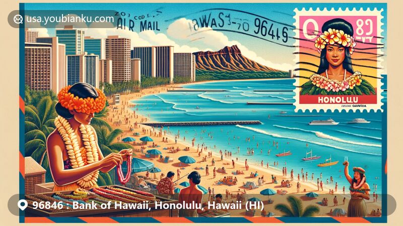 Modern illustration of Waikiki Beach in Honolulu, Hawaii, themed as a vintage air mail postcard, featuring Diamond Head, lei-making class, and iconic Hawaiian symbols.