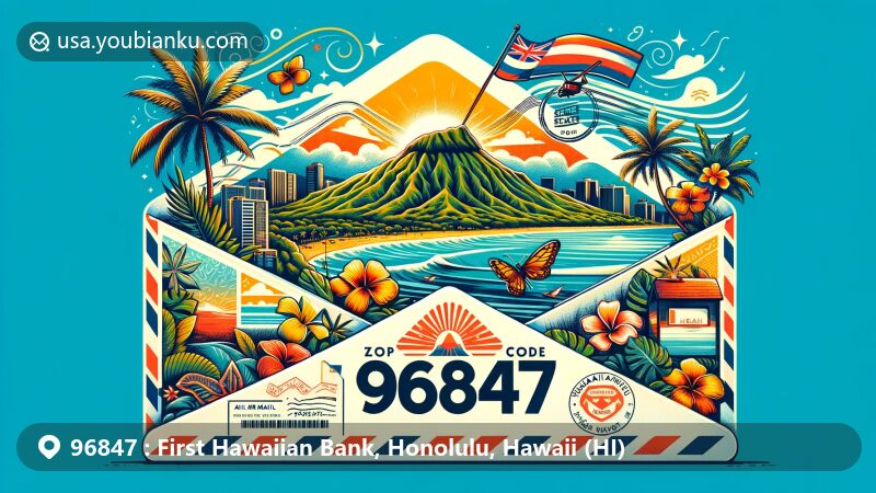 Modern illustration of Honolulu, Hawaii, highlighting ZIP code 96847 and iconic Diamond Head landmark, surrounded by elements of Hawaiian culture and natural beauty.