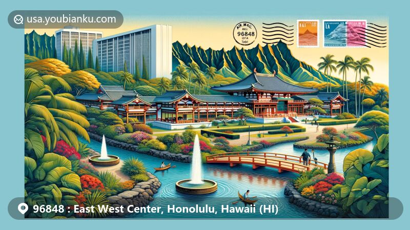 Modern illustration of the East-West Center in Honolulu, Hawaii, featuring Japanese Garden, Hale Manoa dormitory, Thai Pavilion, Ko’olau mountains, and Diamond Head, with postal theme including stamps, postmark, and ZIP code 96848.