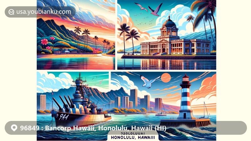 现代插图展示了夏威夷的一些著名景点，包括珍珠港国家纪念馆、伊俄拉尼皇宫、马卡普角灯塔步道和哈瑙玛湾。插图融合了与老式航空信封和邮政元素相关的题材，突出了夏威夷的文化和自然美景。