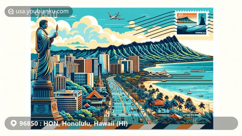 Modern illustration of Honolulu, Hawaii, highlighting postal theme with ZIP code 96850, featuring Diamond Head, King Kamehameha I statue, Waikiki Beach, and Pearl Harbor.