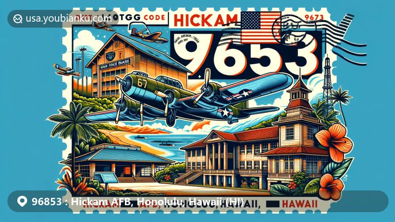 Modern illustration of Hickam AFB, Honolulu, Hawaii, featuring iconic structures and World War II era airplanes, showcasing military history and Hawaiian cultural elements, in a creative postcard format.