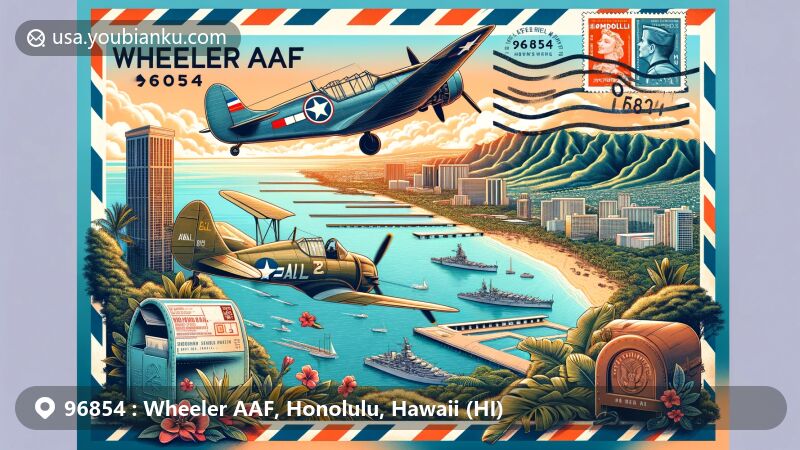 Wide-format illustration of Wheeler AAF in Honolulu, Hawaii, featuring a postal theme with vintage air mail envelope, postage stamps, postmark with ZIP code 96854, and icons representing historical fighter planes. Includes Diamond Head State Monument, USS Arizona Memorial, lush greenery, and the Pacific Ocean.