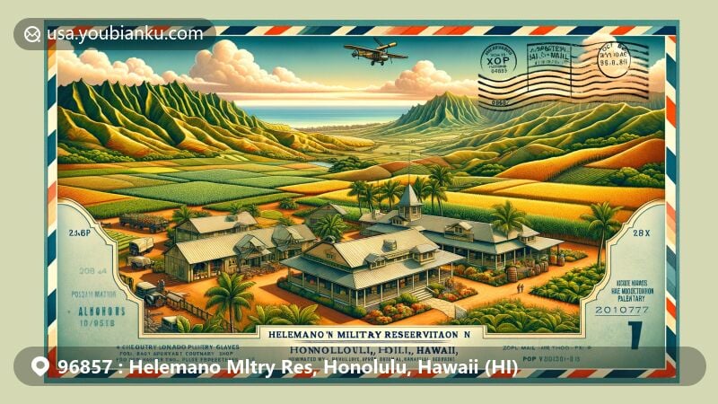 Modern illustration of Helemano Military Reservation in Honolulu, Hawaii, featuring lush landscapes, Helemano Plantation with Country Inn Restaurant, Gift Shop, Bake Shop, and Farm, and panoramic view of Oahu's diverse scenery with postal elements.