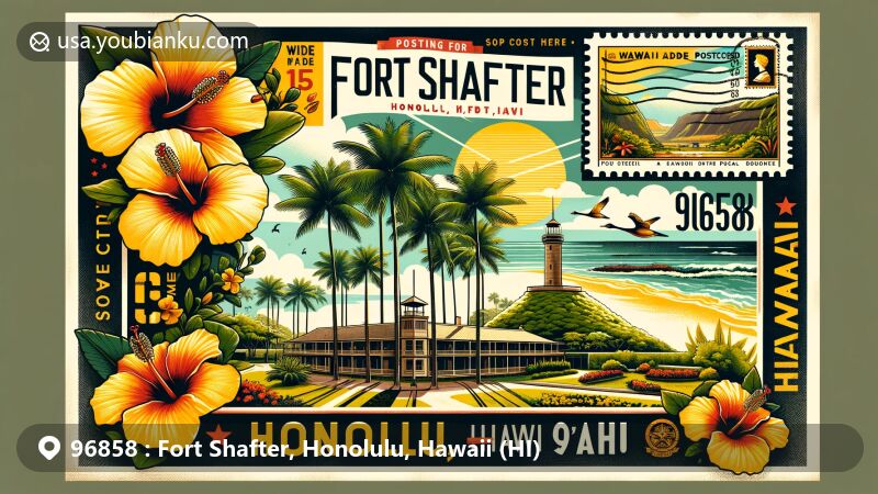 Modern illustration of Fort Shafter, Honolulu, Hawaii (HI), featuring postal theme with ZIP code 96858, showcasing hibiscus flower and the state color yellow representing O'ahu Island, focusing on Palm Circle, and incorporating Hawaii postal heritage elements like nene goose stamp and postmark.