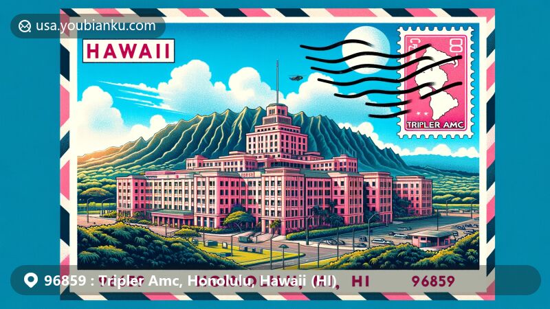 Modern illustration of Tripler Army Medical Center in Honolulu, Hawaii, showcasing iconic pink structure against blue skies and lush greenery, with postcard-style border featuring ZIP Code 96859 elements and symbols representing medical center's military importance.