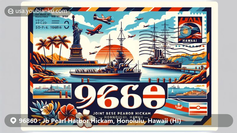 Modern illustration of Joint Base Pearl Harbor Hickam in Honolulu, Hawaii, showcasing iconic landmarks USS Arizona Memorial and USS Missouri, with Hawaii state flag, postal elements and ZIP code 96860, integrating historical significance and tropical essence.