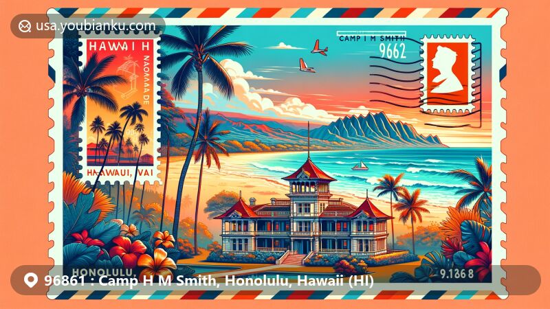Modern illustration of Camp H M Smith, Honolulu, Hawaii, highlighting postal theme with ZIP code 96861, featuring Iolani Palace, tropical landscape, aloha shirt pattern, and postal elements.