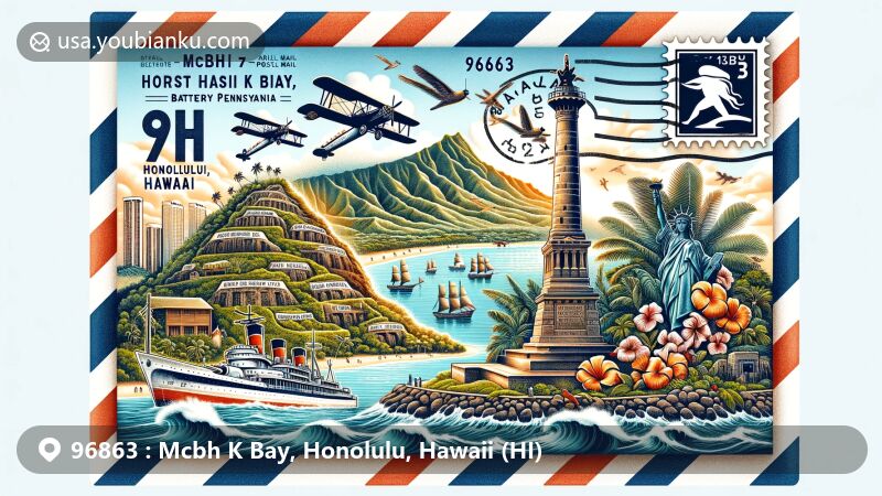 Creative illustration of MCBH K Bay, Honolulu, Hawaii, showcasing iconic landmarks and cultural elements, honoring historical significance and natural beauty.