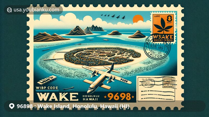 Modern illustration of Wake Island, Honolulu County, Hawaii, showcasing coral atoll formation of Wake, Wilkes, Peale islets with tranquil lagoon, coral reefs, clear blue waters, and tropical flora.