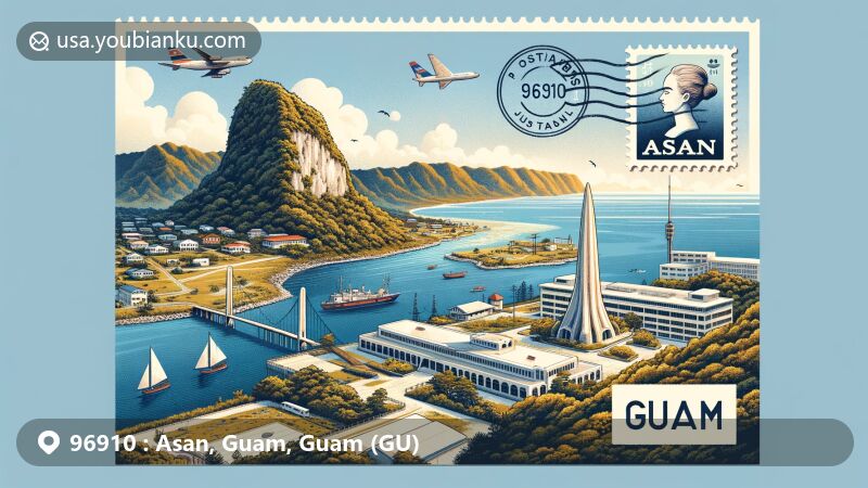 Modern illustration of Asan, Guam, displaying the Latte Stone, Asan Bay Overlook, and postal-themed elements with ZIP code 96910, symbolizing natural beauty and cultural heritage of Guam.