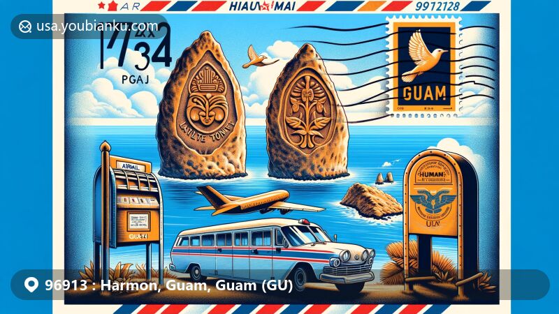 Modern illustration of Harmon, Guam, postal code 96913, featuring airmail envelope with Latte Stones, Two Lovers Point, and Chamorro cultural symbols.