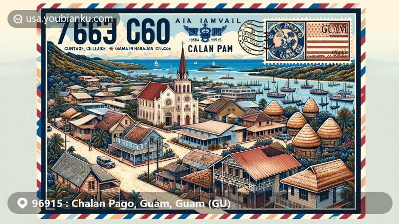 Modern illustration showcasing ZIP code 96915, Chalan Pago, Guam, featuring Spanish colonial village of Inarajan, St. Joseph Church, and Gef Pa’go Cultural Village, set against lush landscapes and ocean views, encapsulating Guam's heritage and natural beauty.
