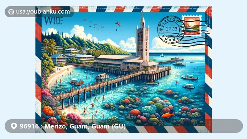 Modern illustration of Merizo village in Guam, displaying Merizo Pier, Cocos Lagoon's coral reefs, and Merizo Bell Tower, all within a stylized air mail envelope with Guam flag stamp.