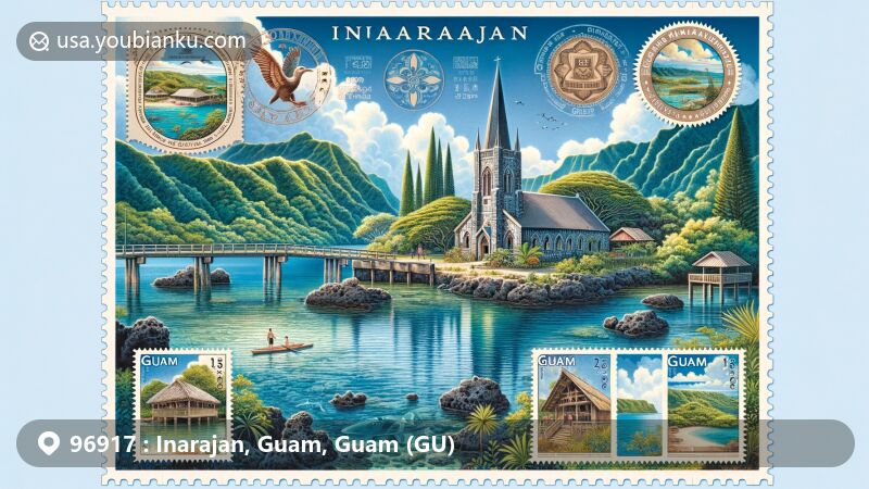 Modern illustration of tranquil beauty in Inarajan, Guam, highlighting rich Chamorro culture and stunning natural landscapes. Featuring Inarajan natural pool, lush greenery, traditional Chamorro elements like stone bridge, historic church facade, and Chamorro hut. Includes Guam seals, postal elements with Gef Pa'go cultural village and Bear Rock stamps, creating a postcard layout. Captures the essence of peaceful and culturally rich Inarajan, suitable for postal-themed web pages, utilizing modern illustration techniques and vibrant colors to showcase the beauty and uniqueness of the region.
