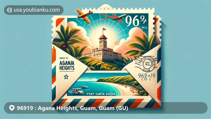 Modern illustration of Agana Heights, Guam, featuring a vibrant scene inside an open airmail envelope with Fort Santa Agueda stamp, tropical scenery, palm trees, beach, and subtle integration of ZIP code 96919.