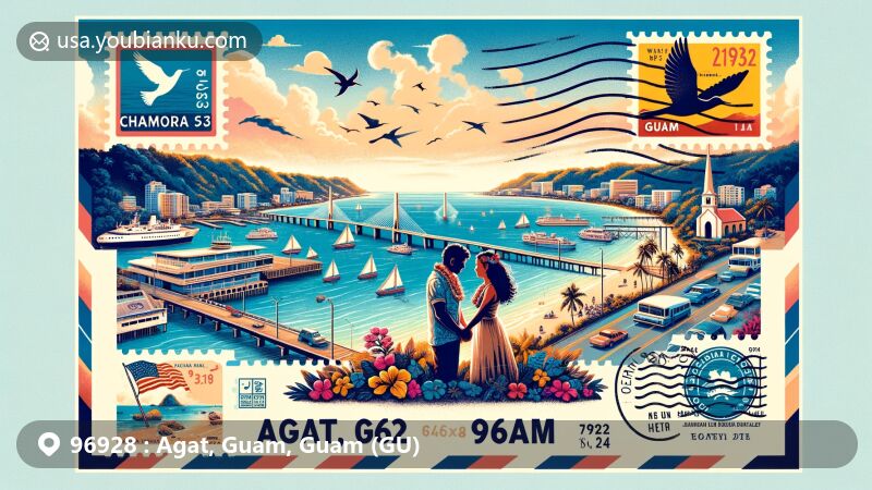 Colorful illustration of Agat, Guam, highlighting Chamorro culture and historical landmarks, including Two Lovers Point, Tailafak Bridge, and Liberation Day symbols, integrated with postal motifs for ZIP code 96928.