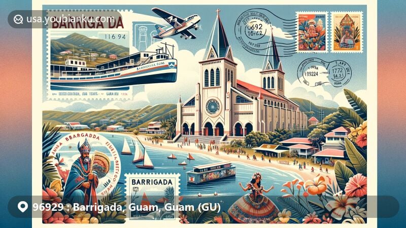 Modern illustration of Barrigada, Guam, blending cultural richness and natural beauty with a postal theme, showcasing San Vicente Catholic Church and Barrigada Fiesta.
