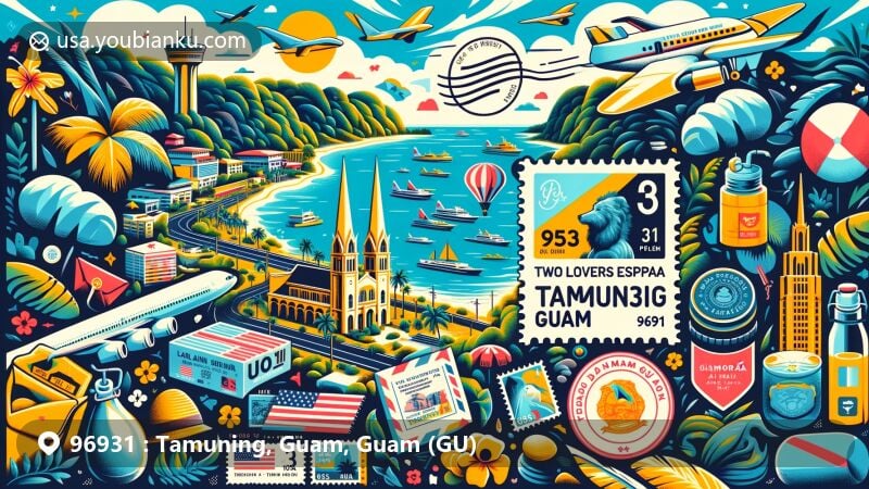 Modern illustration of Tamuning, Guam, highlighting ZIP code 96931, featuring Two Lovers Point, Plaza de España, and Chamorro cultural symbols, along with elements representing postal services.