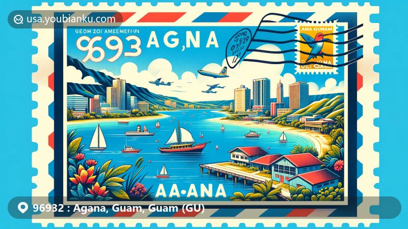Modern illustration of Agana, Guam, GU, showcasing cultural and postal themes with ZIP code 96932, featuring Hagåtña skyline, diving spots, Gef Pa’go cultural village, and airmail envelope with stamps and postmark.