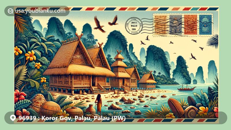 Vibrant illustration of Palau's Koror State with ZIP Code 96939, featuring Rock Islands' limestone formations, lush vegetation, traditional meeting house, handicrafts, and village life.