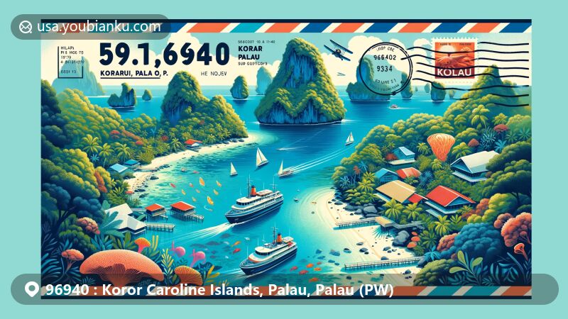 Modern illustration of Koror, Palau, showcasing postal theme with ZIP code 96940, featuring Rock Islands, coral reefs, and tropical fish.