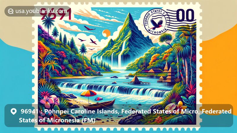 Modern illustration of Pohnpei, Federated States of Micronesia, featuring natural rainforest, Mount Nanlaud, Pohnpei lorikeet, Nan Madol ruins, traditional sailing canoe, and postal theme with ZIP code 96941.