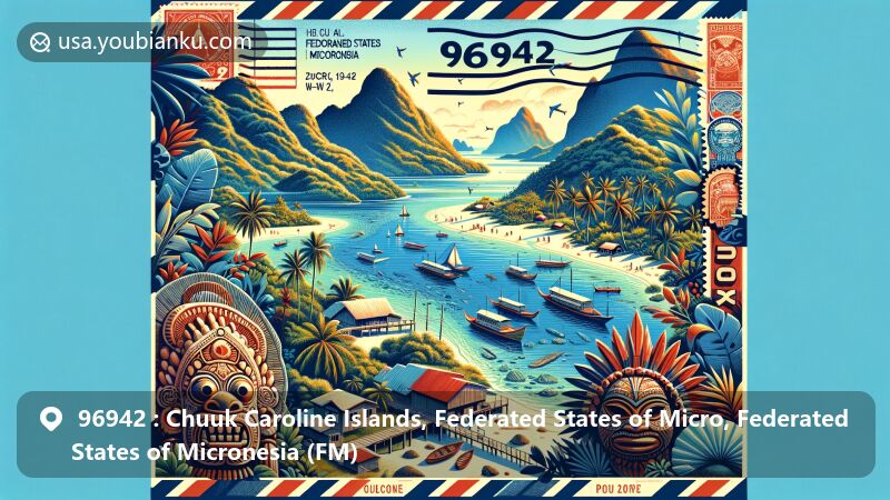 Vibrant illustration of Chuuk, Caroline Islands, Federated States of Micronesia, focusing on Chuuk Lagoon and WWII shipwrecks at Truk Lagoon, blending natural beauty and cultural elements like Chuukese warrior masks and traditional boats.