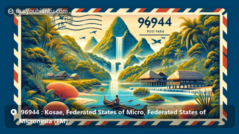 Modern illustration of ZIP code 96944, showcasing Kosrae in the Federated States of Micronesia with Mount Finkol, Lelu Ruins, coral reefs, mangrove ecosystems, and a native outrigger canoe. Postal theme features the ZIP code 96944 and postal motifs.