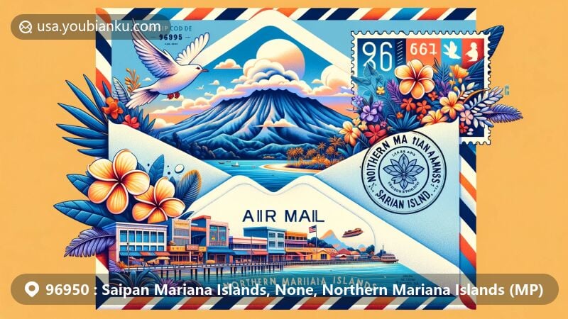 Contemporary illustration of Saipan, Northern Mariana Islands, featuring Mount Tapochau, Bird Island, Mariana fruit dove, Plumeria flower, and ZIP code 96950, with a background of the Northern Mariana Islands flag.