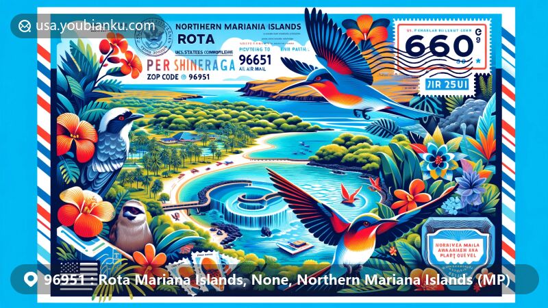 Modern illustration of Rota, Northern Mariana Islands with ZIP code 96951, showcasing scenic beauty, including the swimming hole, Rota white-eye, Mariana fruit bat, and Latte Stone Quarry.