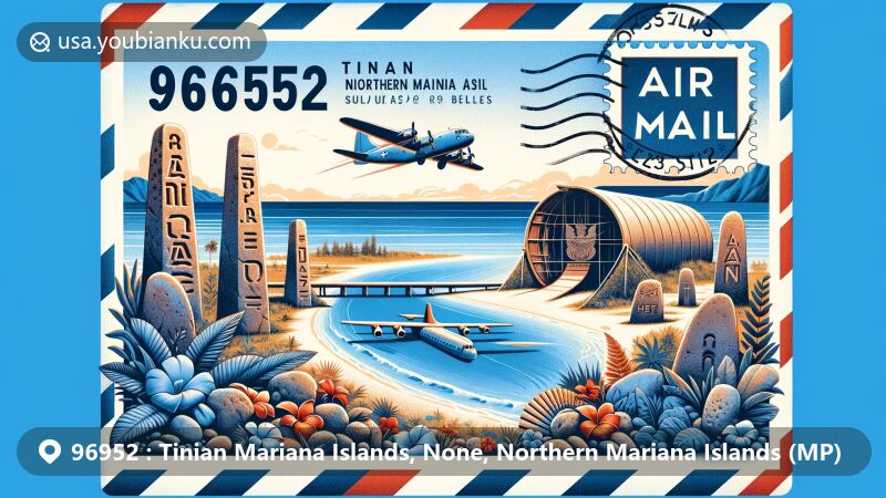Modern illustration of Tinian, Northern Mariana Islands, with air mail envelope showcasing ZIP code 96952, Taga Stones, World War II remnants, and pristine beaches, blending natural beauty and cultural landmarks.
