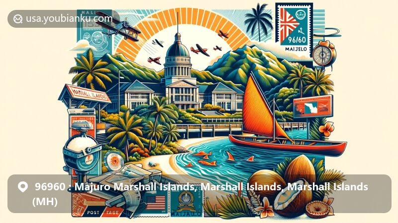 Modern illustration of Majuro, Marshall Islands, showcasing cultural vibrancy, natural beauty, and postal theme with ZIP code 96960, featuring Capitol Building, outrigger canoe, lush landscapes, and local cuisine elements.