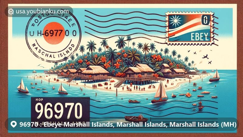 Modern illustration of Ebeye Island, Marshall Islands, featuring postal theme with ZIP code 96970, showcasing pandanus trees, coconut palms, and close-knit community, set against Pacific Ocean backdrop.