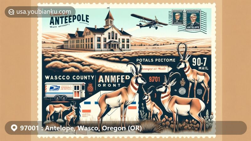 Modern illustration of Antelope, Wasco County, Oregon, merging iconic postal themes with vibrant landscapes, featuring pronghorns, Antelope School, and '97001' ZIP code.
