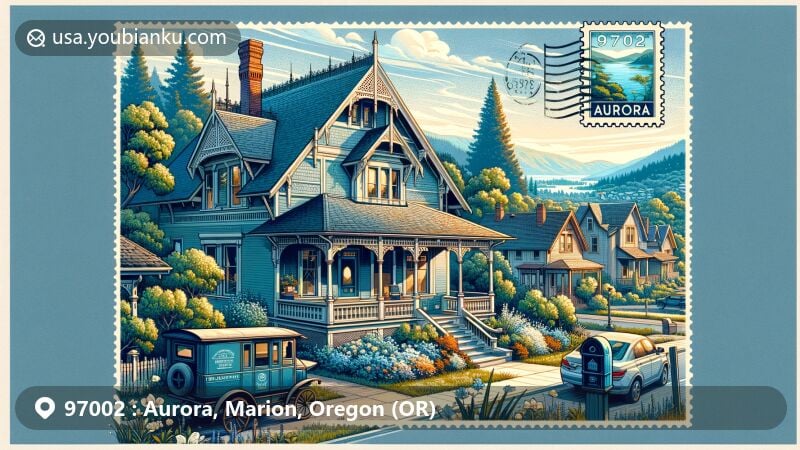 Modern illustration of Aurora, Marion County, Oregon, capturing the essence of the Aurora Colony Historic District architecture and the scenic beauty of the Pudding River. The design blends late 19th-century architectural details with a vintage postcard theme, symbolizing Aurora's postal history and Mediterranean climate.