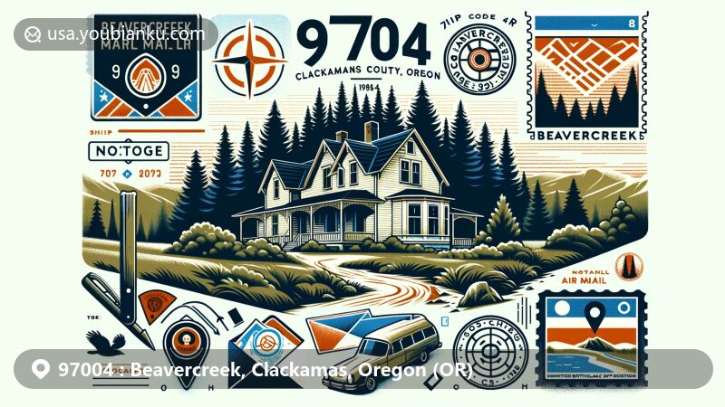 Modern illustration of Beavercreek, Clackamas County, Oregon, showcasing postal theme with ZIP code 97004, featuring scenic views of Beavercreek, the Miller House, vintage air mail envelope, Oregon state flag, and geocaching symbol.