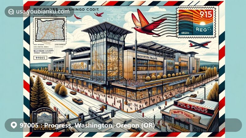Modern illustration of Progress, Washington County, Oregon, showcasing postal theme with ZIP code 97005, featuring Washington Square and Oregon state flag.
