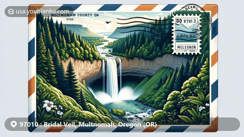 Modern illustration of Bridal Veil Falls and Columbia River Gorge in Multnomah County, Oregon, with airmail postcard theme featuring ZIP code 97010.