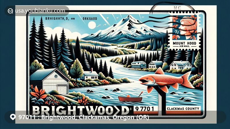 Modern illustration of Brightwood, Oregon, with ZIP code 97011, highlighting its location in the Mount Hood Corridor in Clackamas County, featuring the Salmon River and forested landscape typical of the area, incorporating postal motifs like a stamp and vintage mailbox.