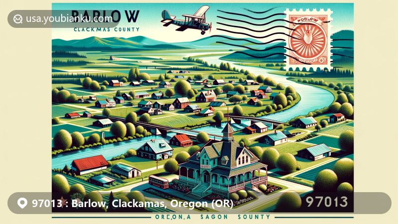Modern illustration of Barlow, Clackamas County, Oregon, showcasing postal theme with ZIP code 97013, featuring historic Barlow house, lush greenery, vintage air mail envelope elements, and Oregon state symbols.