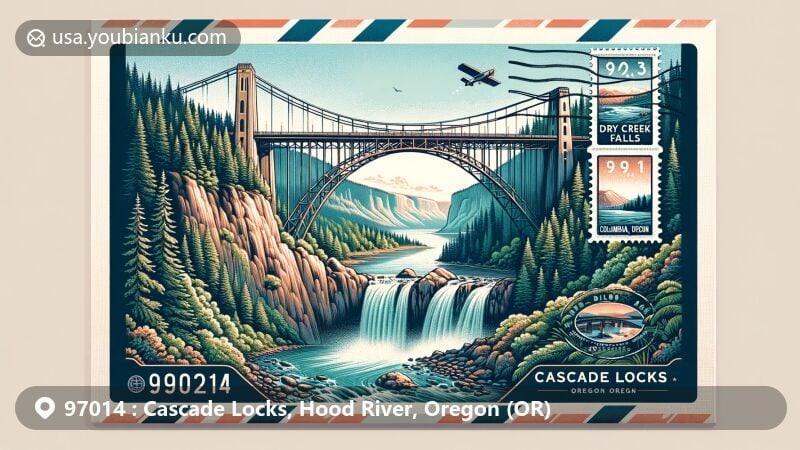 Modern illustration of Bridge of the Gods in Cascade Locks, Hood River County, Oregon, with a postal theme showcasing ZIP code 97014. Featuring Dry Creek Falls, a majestic waterfall cascading from basalt cliff surrounded by lush Pacific Northwest vegetation.